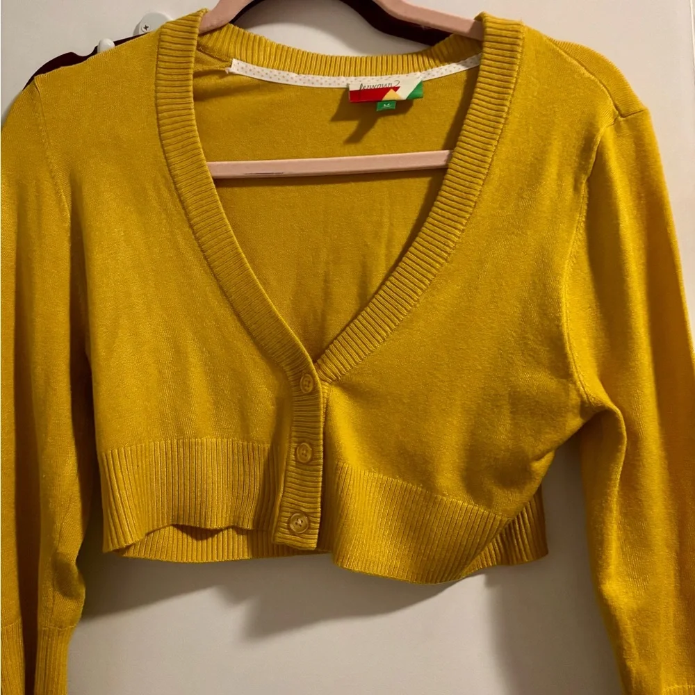 Bright Mustard Cropped V-Neck Cardigan Sweater, ModCloth cardigan - Picture 2 of 3